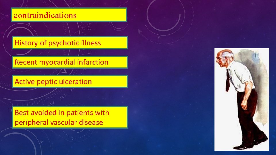 contraindications History of psychotic illness Recent myocardial infarction Active peptic ulceration Best avoided in