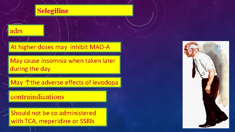 Selegiline adrs At higher doses may inhibit MAO-A May cause insomnia when taken later