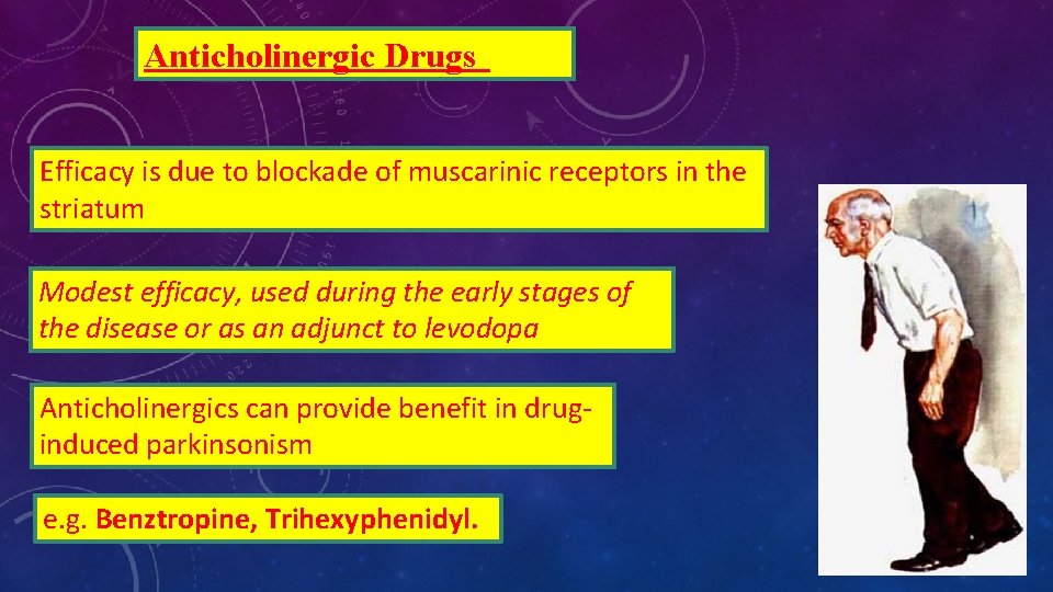 Anticholinergic Drugs Efficacy is due to blockade of muscarinic receptors in the striatum Modest