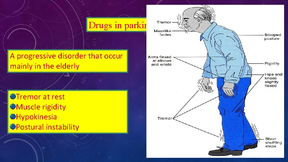 Drugs in parkinsonism A progressive disorder that occur mainly in the elderly Tremor at