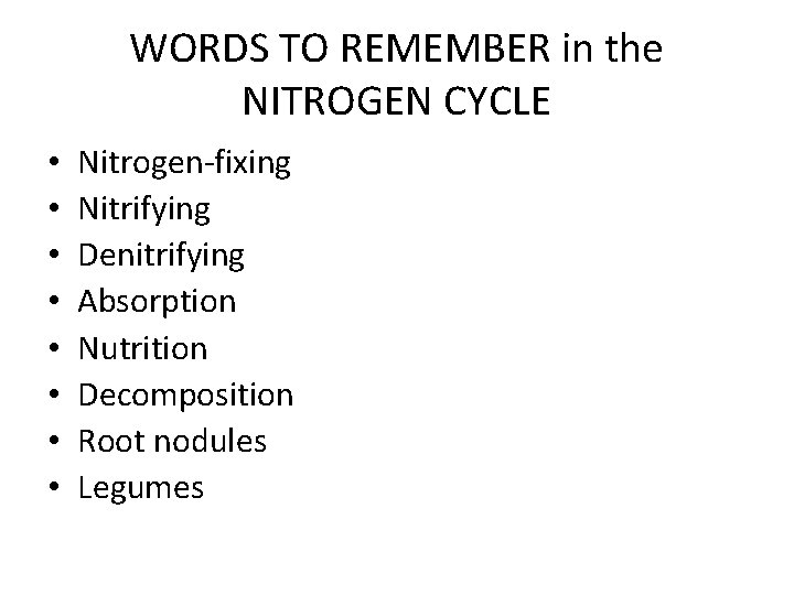 WORDS TO REMEMBER in the NITROGEN CYCLE • • Nitrogen-fixing Nitrifying Denitrifying Absorption Nutrition