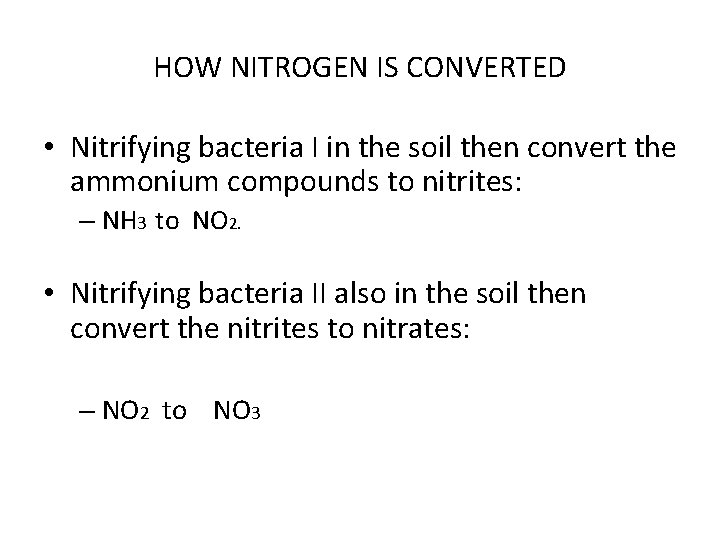 HOW NITROGEN IS CONVERTED • Nitrifying bacteria I in the soil then convert the