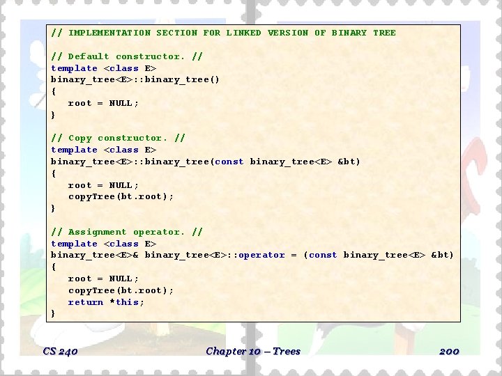 // IMPLEMENTATION SECTION FOR LINKED VERSION OF BINARY TREE // Default constructor. // template // IMPLEMENTATION SECTION FOR LINKED VERSION OF BINARY TREE // Default constructor. // template