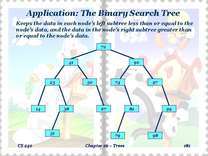 Application: The Binary Search Tree Keeps the data in each node's left subtree less Application: The Binary Search Tree Keeps the data in each node's left subtree less