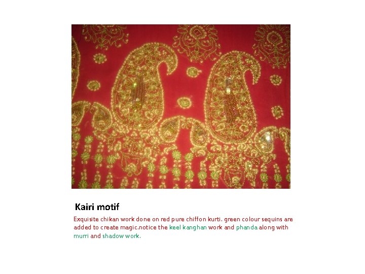 Kairi motif Exquisite chikan work done on red pure chiffon kurti. green colour sequins