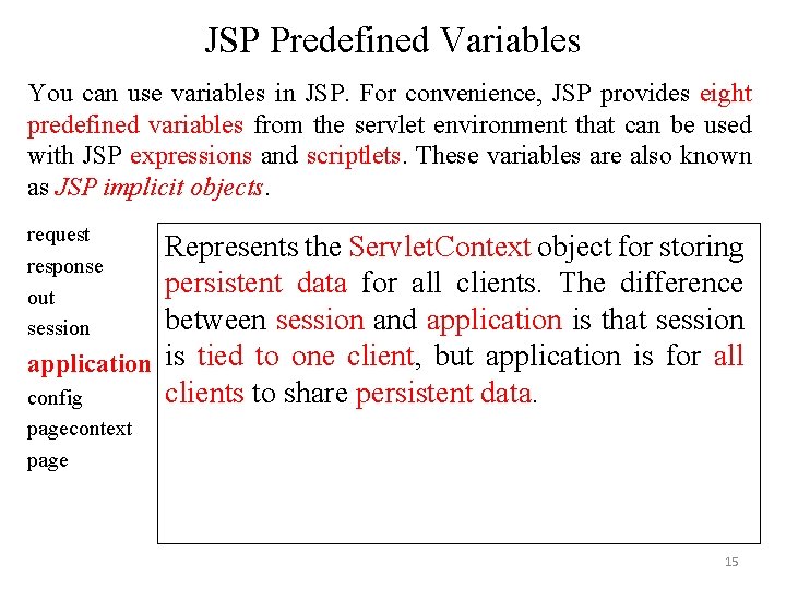 JSP Predefined Variables You can use variables in JSP. For convenience, JSP provides eight JSP Predefined Variables You can use variables in JSP. For convenience, JSP provides eight