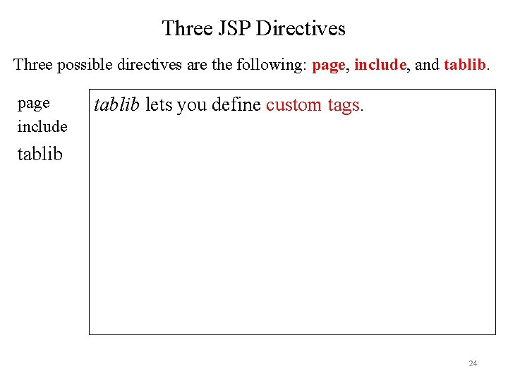 Three JSP Directives Three possible directives are the following: page, include, and tablib. page Three JSP Directives Three possible directives are the following: page, include, and tablib. page