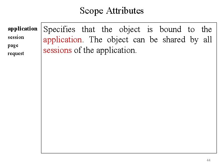 Scope Attributes application session page request Specifies that the object is bound to the Scope Attributes application session page request Specifies that the object is bound to the