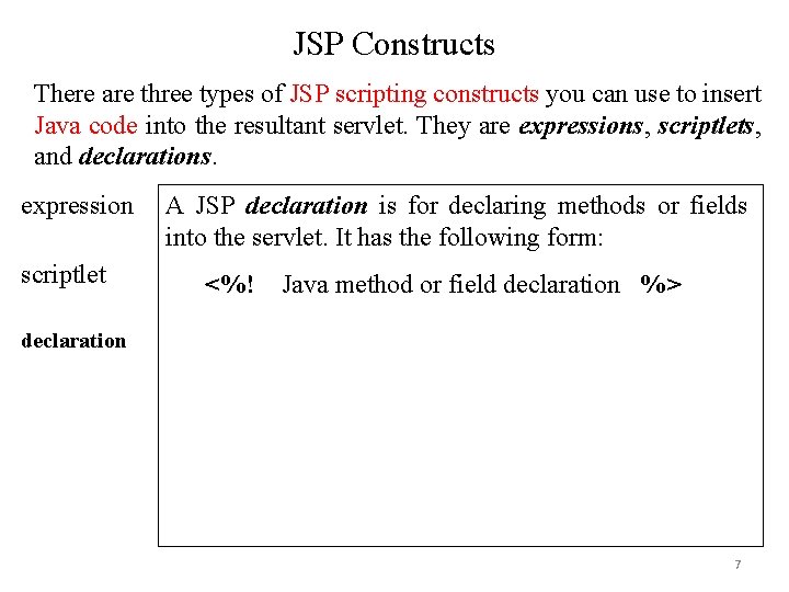 JSP Constructs There are three types of JSP scripting constructs you can use to JSP Constructs There are three types of JSP scripting constructs you can use to