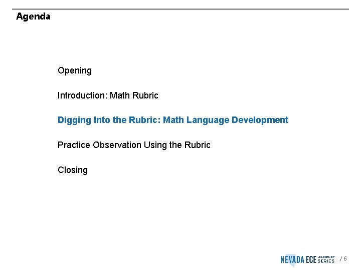 Agenda Opening Introduction: Math Rubric Digging Into the Rubric: Math Language Development Practice Observation