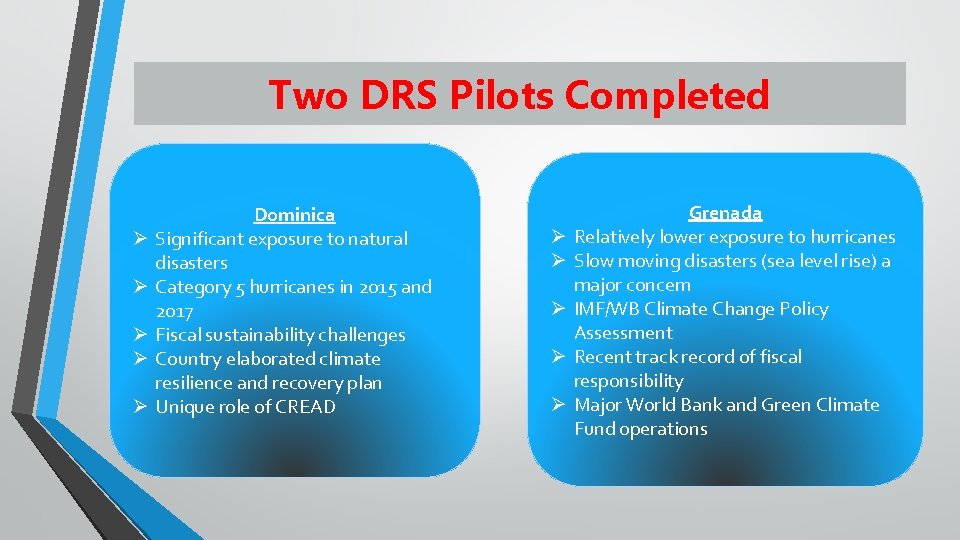 Two DRS Pilots Completed Ø Ø Ø Dominica Significant exposure to natural disasters Category