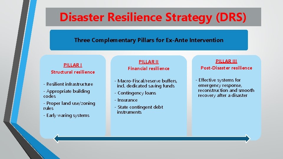 Disaster Resilience Strategy (DRS) Three Complementary Pillars for Ex-Ante Intervention PILLAR I Structural resilience