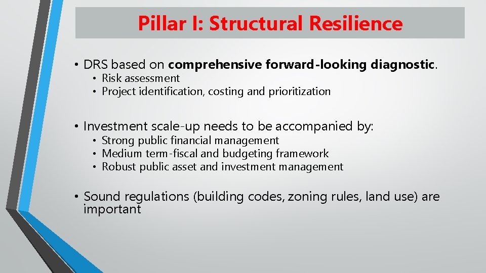 Pillar I: Structural Resilience • DRS based on comprehensive forward-looking diagnostic. • Risk assessment