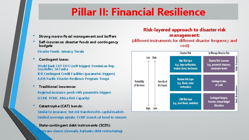 Pillar II: Financial Resilience • • Strong macro-fiscal management and buffers Self-insurance: disaster funds