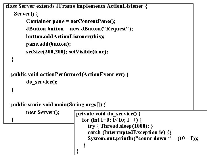 class Server extends JFrame implements Action. Listener { Server() { Container pane = get.