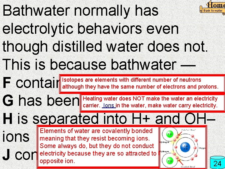 Home Bathwater normally has electrolytic behaviors even though distilled water does not. This is