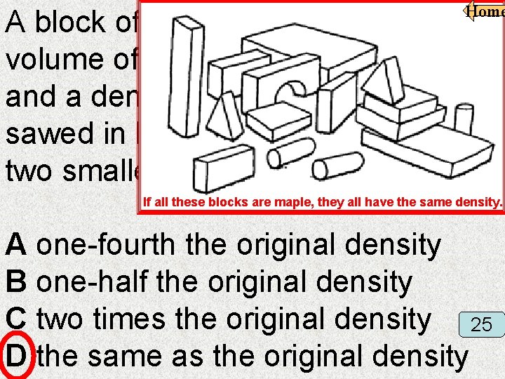 A block of maple wood with a volume of 405 cubic centimeters and a