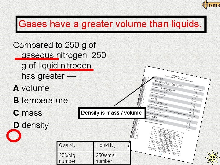 Home Gases have a greater volume than liquids. Compared to 250 g of gaseous