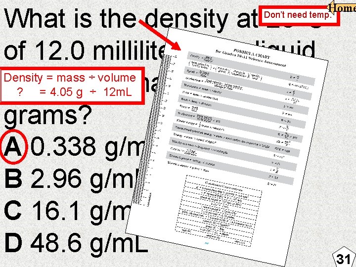 What is the density at 20°C of 12. 0 milliliters of a liquid Density