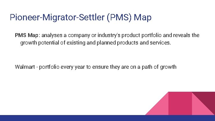 Pioneer-Migrator-Settler (PMS) Map PMS Map: analyses a company or industry's product portfolio and reveals