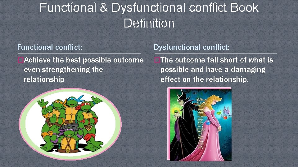 Functional & Dysfunctional conflict Book Definition Functional conflict: Dysfunctional conflict: �Achieve the best possible