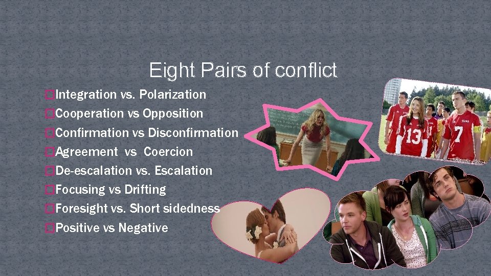 Eight Pairs of conflict �Integration vs. Polarization �Cooperation vs Opposition �Confirmation vs Disconfirmation �Agreement