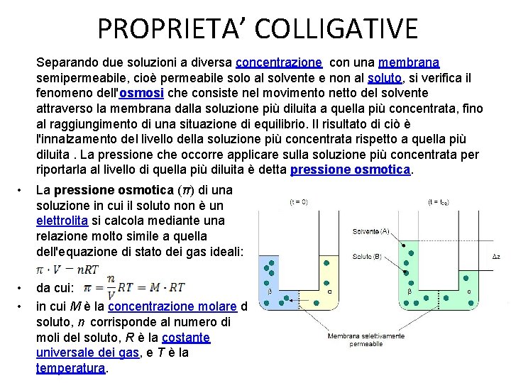 PROPRIETA’ COLLIGATIVE Separando due soluzioni a diversa concentrazione con una membrana semipermeabile, cioè permeabile