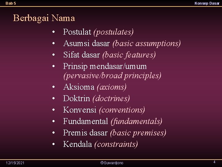 Bab 5 Konsep Dasar Berbagai Nama • • • 12/15/2021 Postulat (postulates) Asumsi dasar