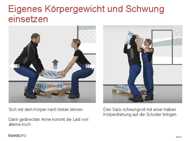 Eigenes Körpergewicht und Schwung einsetzen Sich mit dem Körper nach hinten lehnen. Den Sack