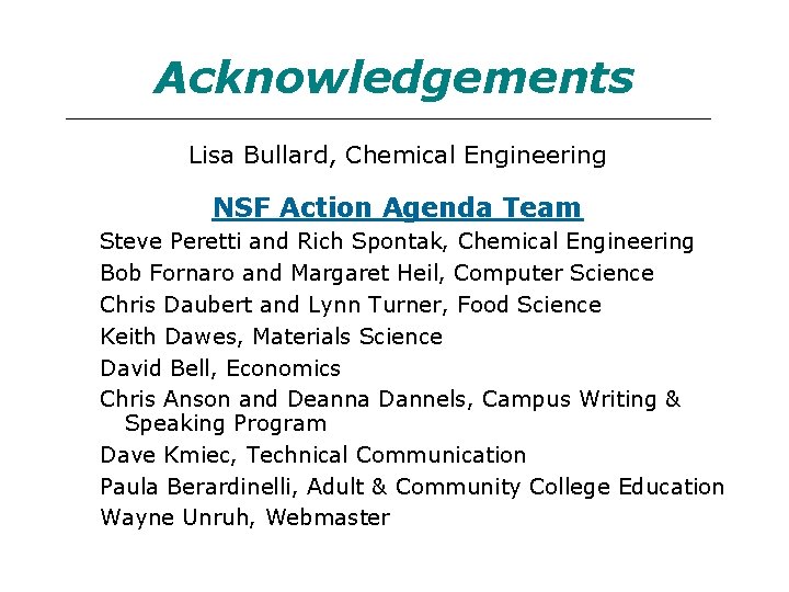 Acknowledgements Lisa Bullard, Chemical Engineering NSF Action Agenda Team Steve Peretti and Rich Spontak,