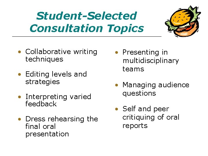 Student-Selected Consultation Topics • Collaborative writing techniques • Editing levels and strategies • Interpreting