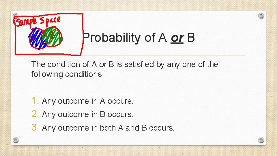 Probability of A or B The condition of A or B is satisfied by