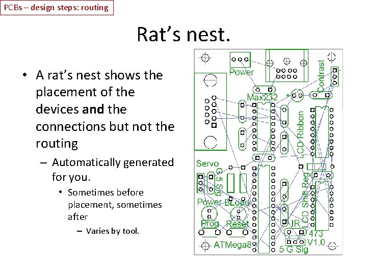 PCBs – design steps: routing Rat’s nest. • A rat’s nest shows the placement