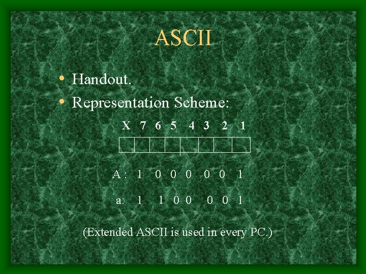 ASCII • Handout. • Representation Scheme: X 7 6 5 4 3 2 1