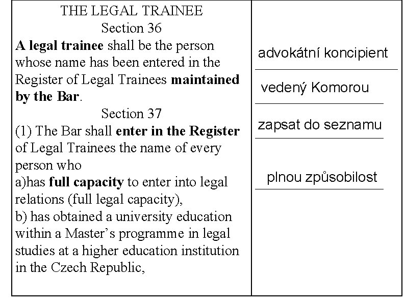 THE LEGAL TRAINEE Section 36 A legal trainee shall be the person whose name