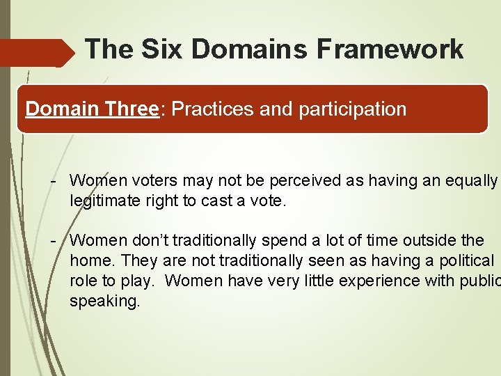 The Six Domains Framework Domain Three: Practices and participation - Women voters may not