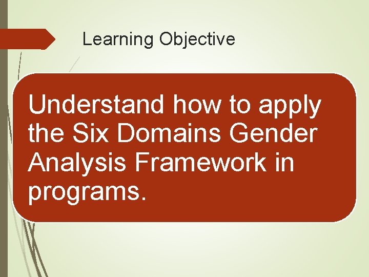 Learning Objective Understand how to apply the Six Domains Gender Analysis Framework in programs.