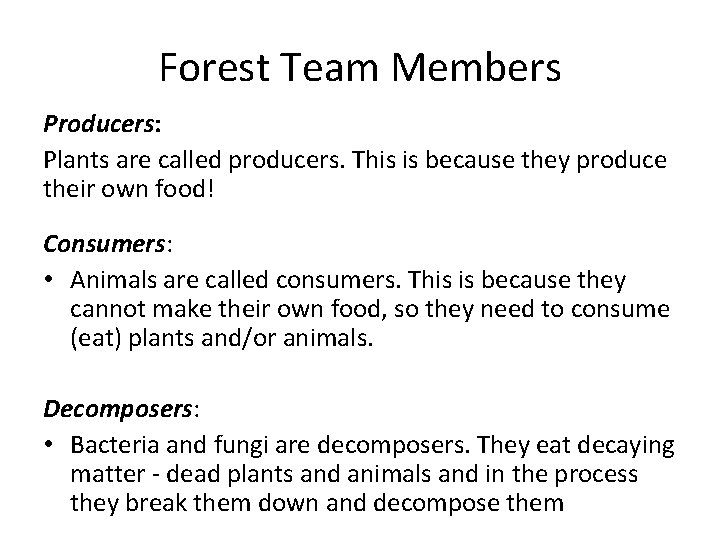 Forest Team Members Producers: Plants are called producers. This is because they produce their