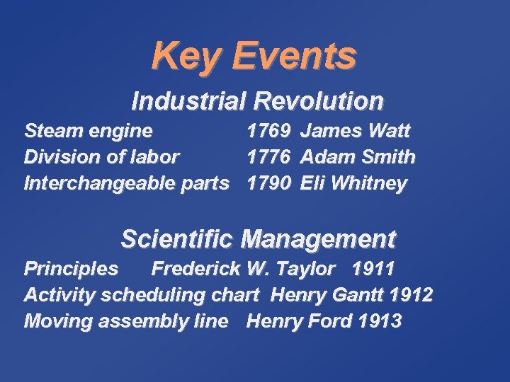 Key Events Industrial Revolution Steam engine Division of labor Interchangeable parts 1769 1776 1790