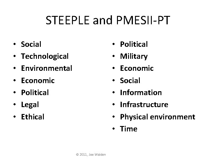 STEEPLE and PMESII-PT • • Social Technological Environmental Economic Political Legal Ethical • •