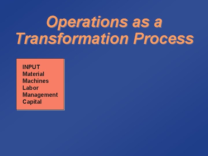 Operations as a Transformation Process INPUT Material Machines Labor Management Capital 