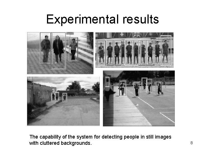 Experimental results The capability of the system for detecting people in still images with