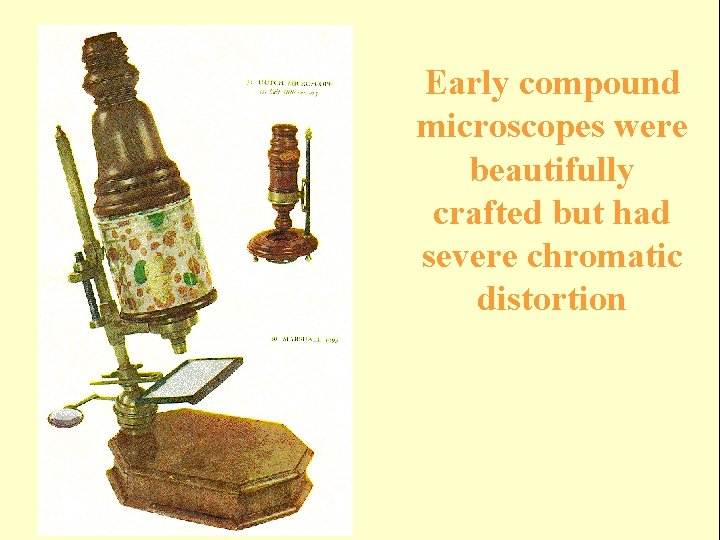 compound Early Microscope microscopes were beautifully crafted but had severe chromatic distortion 