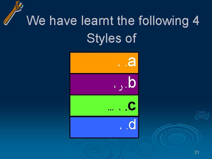 We have learnt the following 4 Styles of ،. a ، ﺭ. b. .