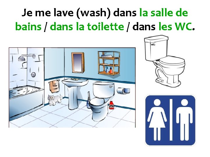 Je me lave (wash) dans la salle de bains / dans la toilette /