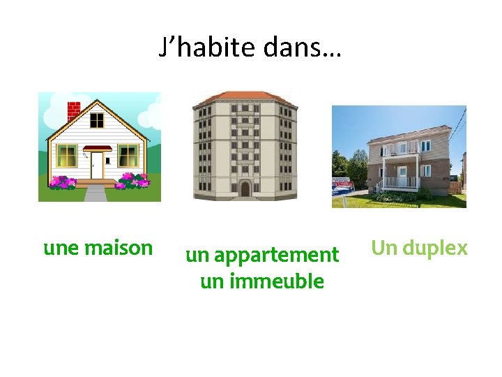 J’habite dans… une maison un appartement un immeuble Un duplex 