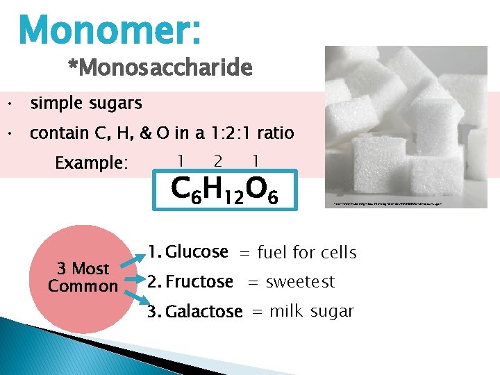 Monomer: *Monosaccharide • simple sugars • contain C, H, & O in a 1: