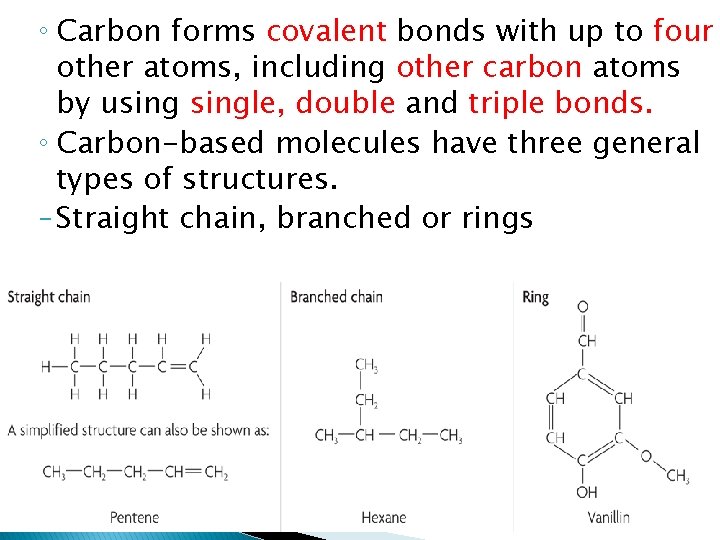 ◦ Carbon forms covalent bonds with up to four other atoms, including other carbon