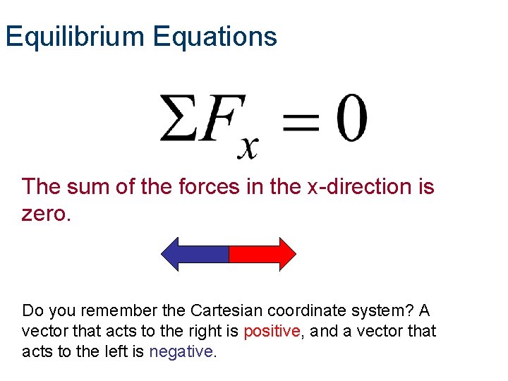 Equilibrium Equations The sum of the forces in the x-direction is zero. Do you