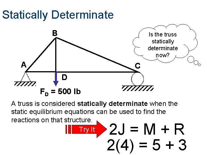 Statically Determinate B Is the truss statically determinate now? A C D FD =